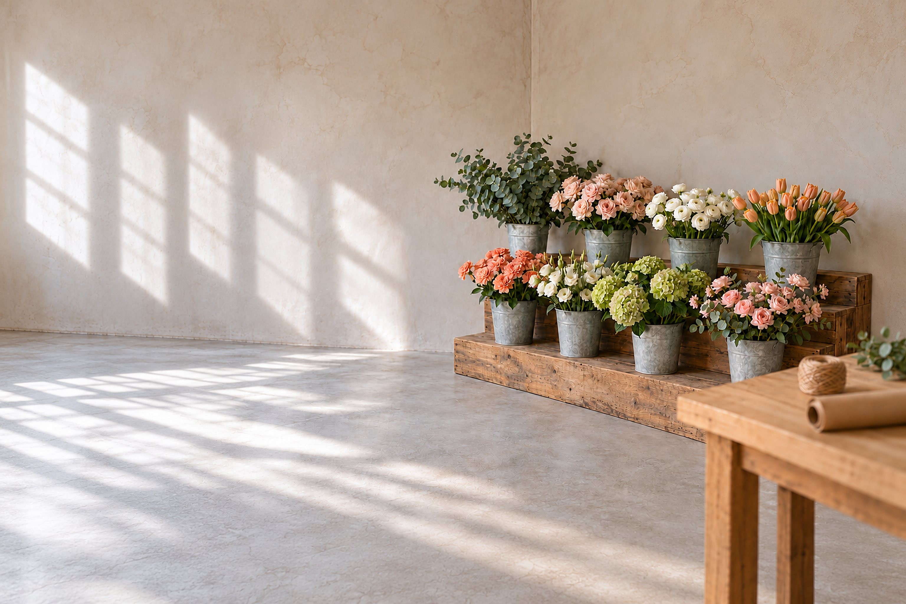 Zinkeimer mit Schnittblumen auf einem Stufenregal aus altem Holz: Eukalyptus, Rosen, Ranunkeln, Tulpen, Nelken, Lisianthus und Hortensien, vorne ein Bindetisch mit Packpapier und Bast