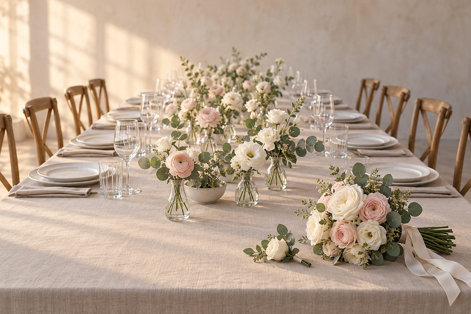 Lange Hochzeitstafel mit Leinentischdecke und kleinen Glasvasen voller weißer Rosen, Ranunkeln und Eukalyptus, vorne ein Brautstrauß und ein Anstecker