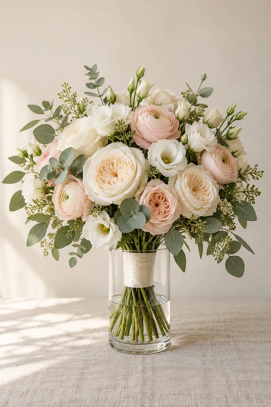 Runder Brautstrauß aus weißen Rosen, Ranunkeln, Lisianthus und Eukalyptus mit cremefarbenem Seidenband in einer Glasvase
