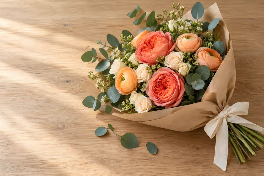 Gebundener Geburtstagsstrauß aus Rosen, Ranunkeln und Eukalyptus in Packpapier auf einem hellen Holztisch