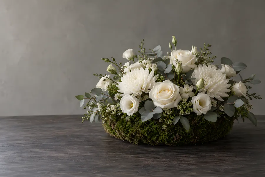 Ruhiges Trauergesteck aus weißen Rosen, Chrysanthemen, Lisianthus und Eukalyptus auf Moos, auf einem dunklen Holztisch