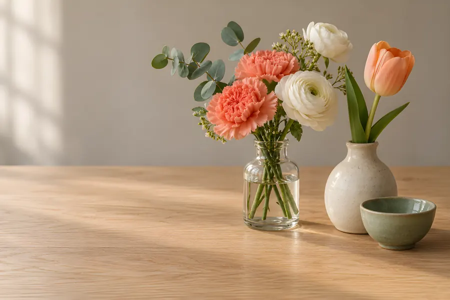 Kleiner Strauß aus Nelken, Ranunkeln und Eukalyptus in einer Glasflasche, daneben eine Keramikvase mit einer Tulpe und eine kleine grüne Schale